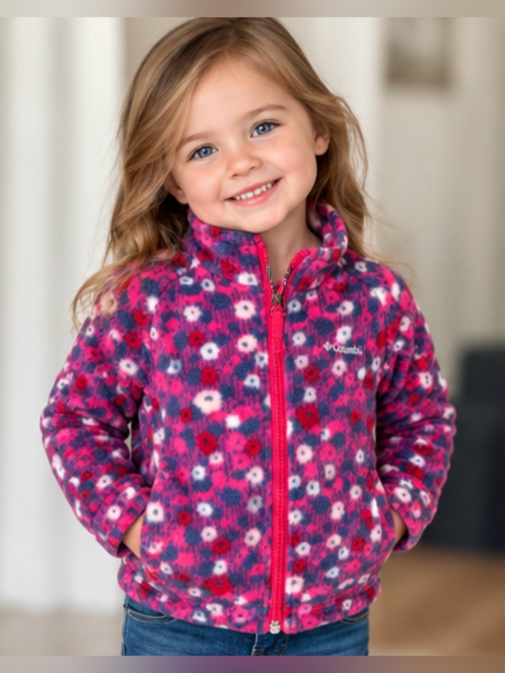 Columbia Girls Fleece Jacket Floral Pink Full Zip 2T / Fall